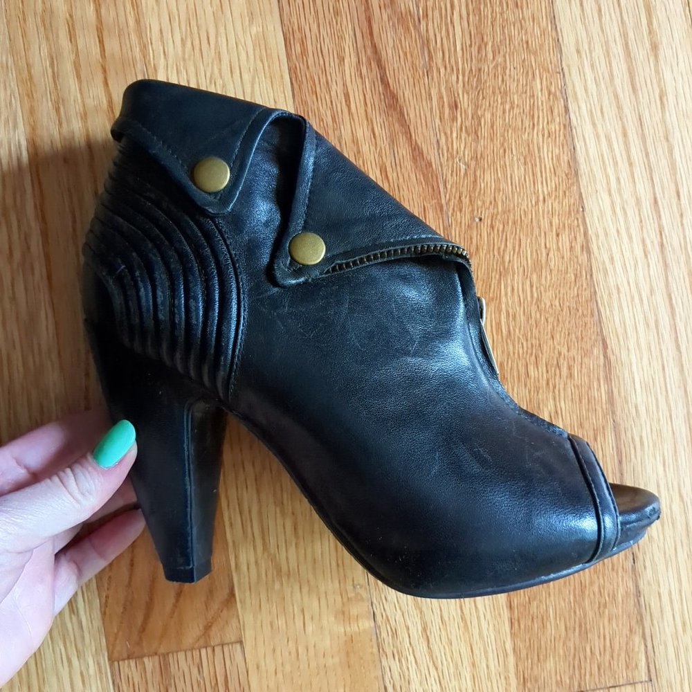 [SOLD] Miz Mooz Black Butter Soft Leather Skull Zip Biker Peep Toe Cuffed Bootie